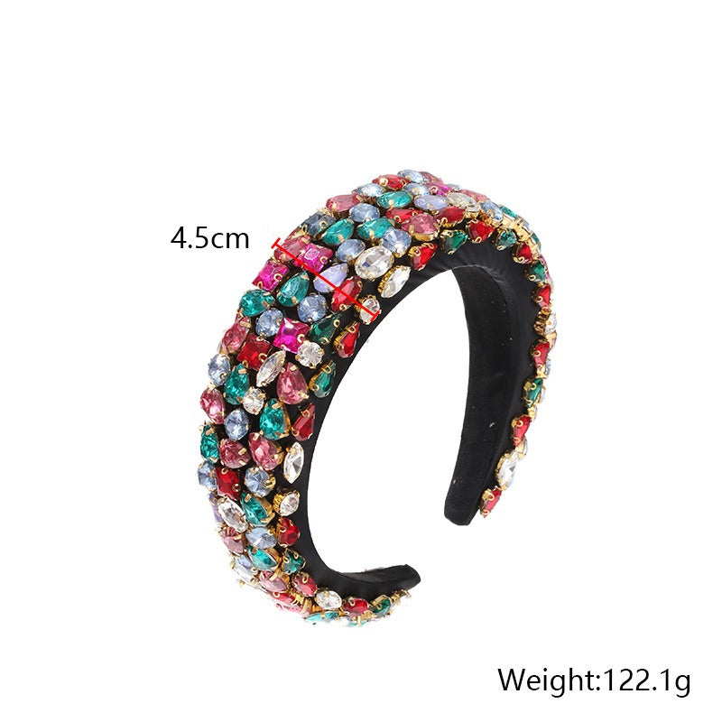 Baroque rhinestone geometric wide edge full diamond colored thickened sponge hair hoop for women