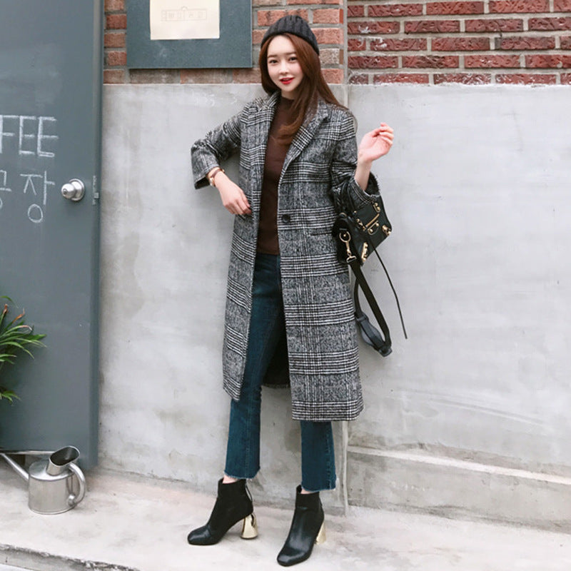 Knit Color-block Plaid Long Coat