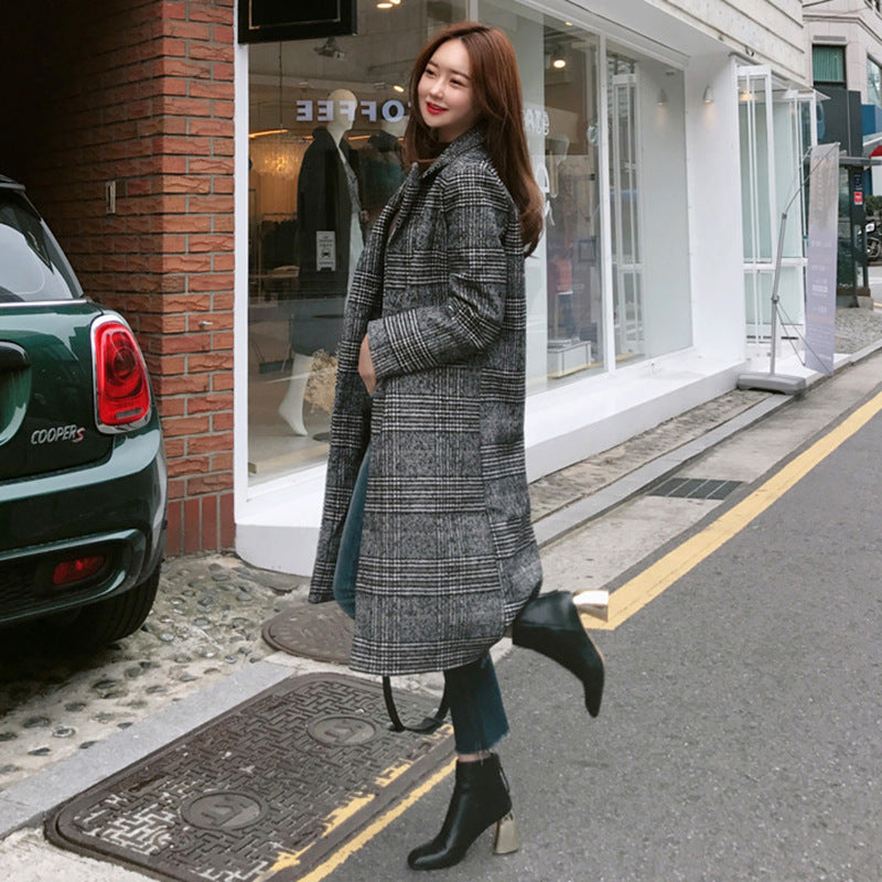 Knit Color-block Plaid Long Coat