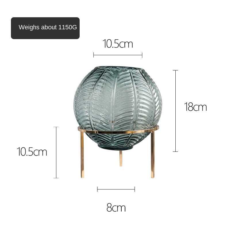 Nordic Leaf Pattern Ball Metal Frame Transparent Glass Vase High Grade European Flower Art Hydroponic Flower Arrangement Decoration