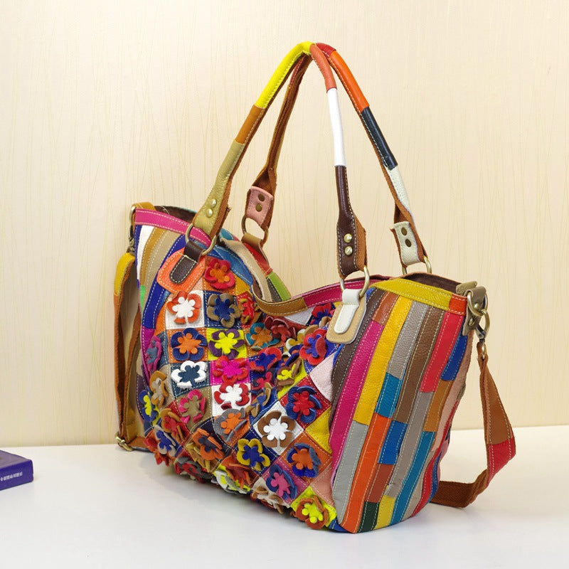 Leather Handbags Cowhide Colorful Flowers Contrast Color