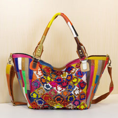 Leather Handbags Cowhide Colorful Flowers Contrast Color