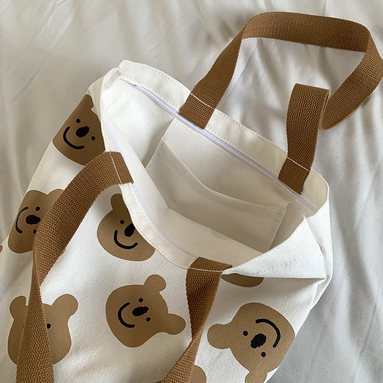 New Canvas Shoulder Shopper Bag for Women Girl Cartoon Bear White Female Handbags Cloth Shopping Bags Ladies Tote Beach Bag