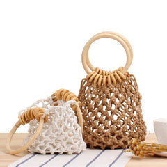 The new solid color net bag hand woven bag forest hand tied cotton thread hand carry seaside holiday beach bag