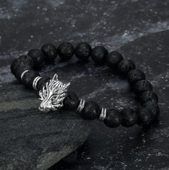 Asgard Crafted Grey Wolf Head And Lava Stone Bracelet