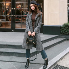 Knit Color-block Plaid Long Coat