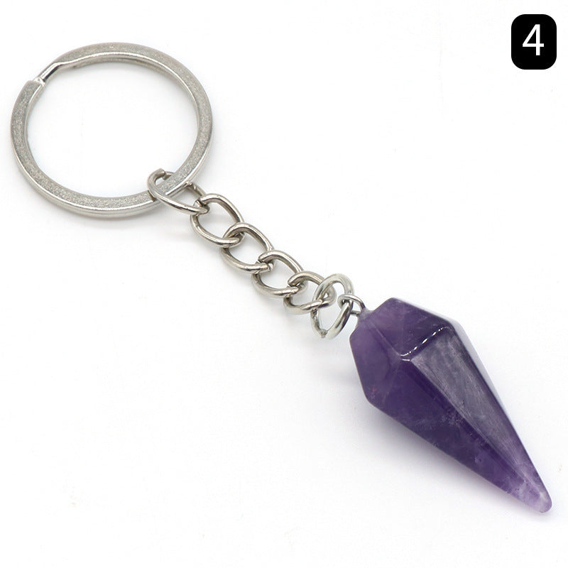 Natural Crystal Agate Stone Hexagonal Cone Keychain Bag Decorative Pendant