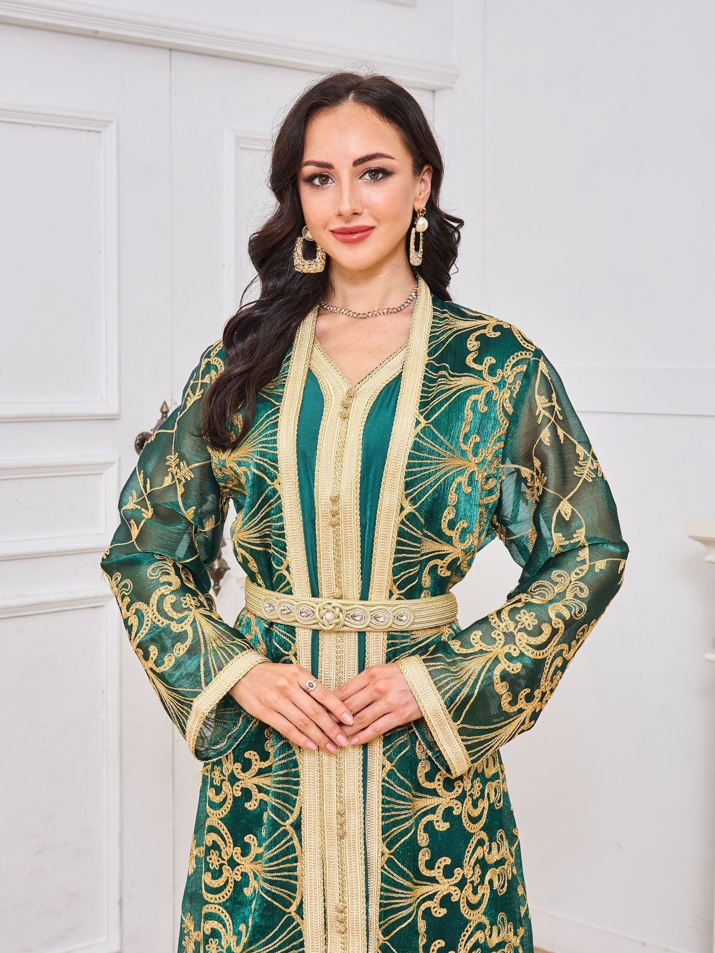Muslim robe women's embroidered long cardigan two-piece set temperament dress