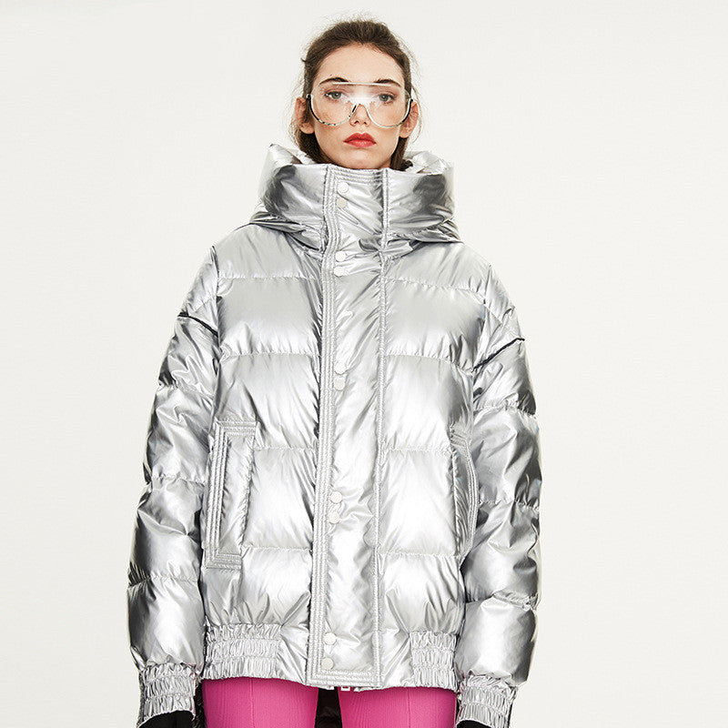 Couples Laser Glossy Thickened Loose Mid Length Down Jacket - Fashionner