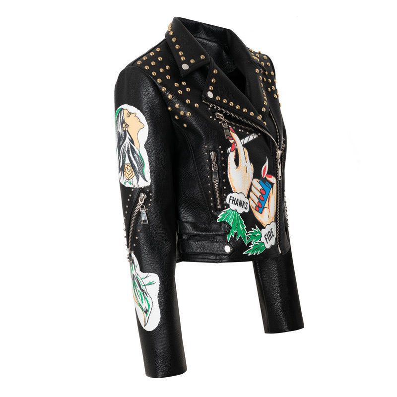 New Jacket Leather Fashion Personality Women's Print Rivet Jacket Short - Fashionner