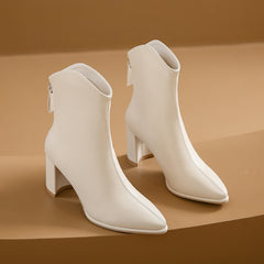 Genuine Leather Pointed Toe High Heel Boots Female White Chunky Heels