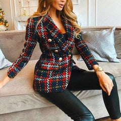 Plaid buttoned woolen blazer for women