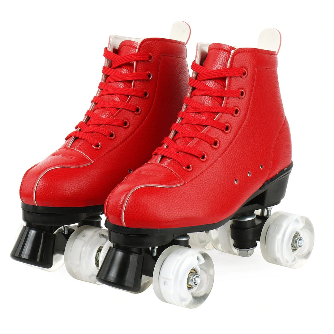 Big Red Cowhide Double Row Skates With Flashing Wheels And Wear Resistant