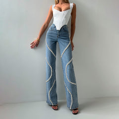 Loose Straight Leg Jeans And Fashionable Casual Pants With A Rhine Stone Denim Design Around Them Suitable For Women