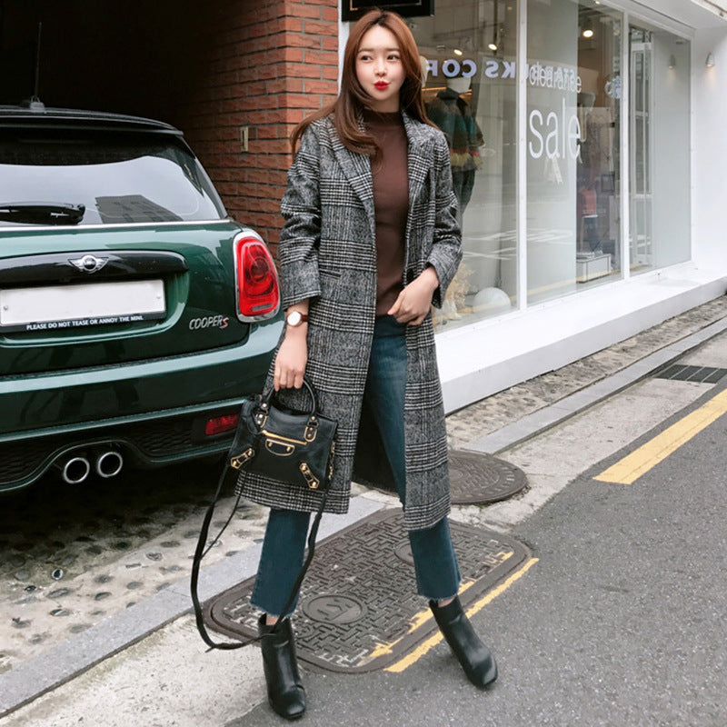 Knit Color-block Plaid Long Coat