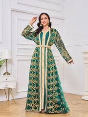 Muslim robe women's embroidered long cardigan two-piece set temperament dress - Fashionner