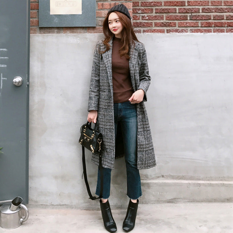 Knit Color-block Plaid Long Coat