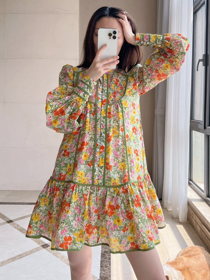 Retro floral shirt dress niche stand collar puff sleeve short skirt holiday style dress for women