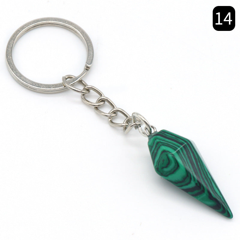 Natural Crystal Agate Stone Hexagonal Cone Keychain Bag Decorative Pendant