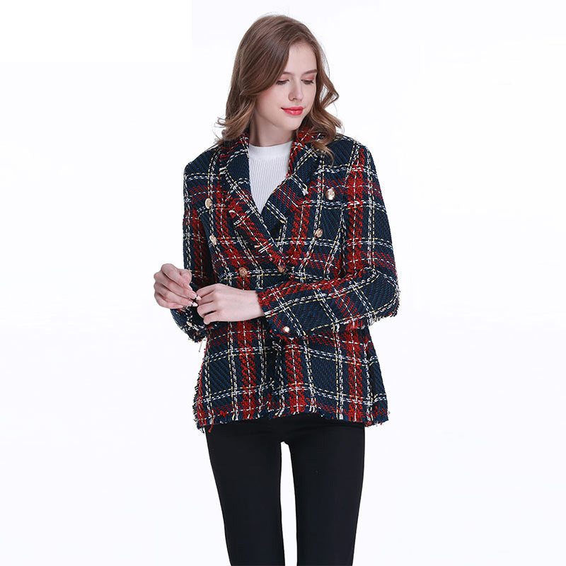 Plaid buttoned woolen blazer for women