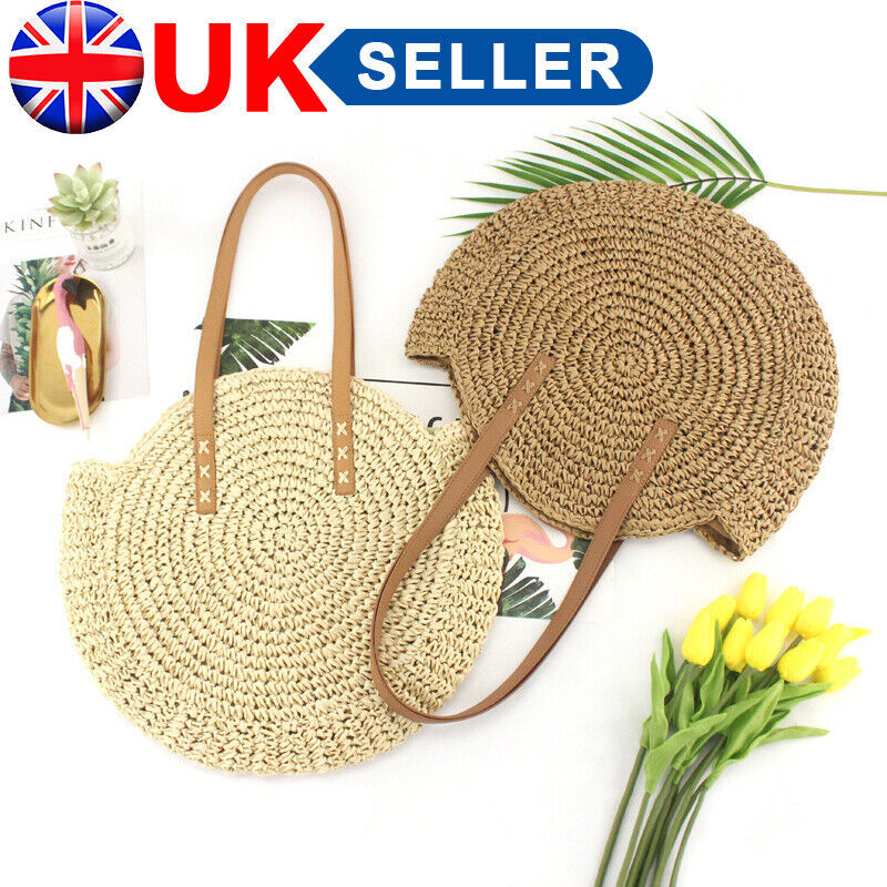 Women Boho Woven Handbag Summer Beach Tote Straw Bag Round Rattan Shoulder