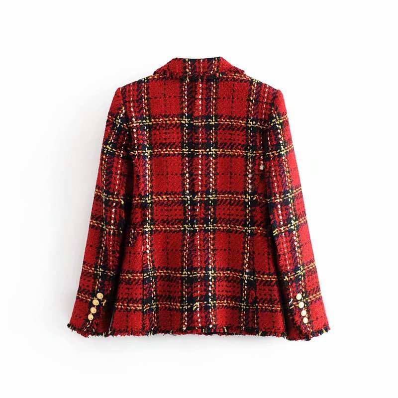 Plaid buttoned woolen blazer for women