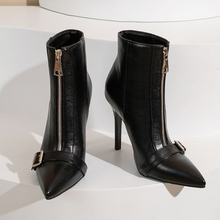 Belt Buckle Front Zipper High Heel Boots - Fashionner