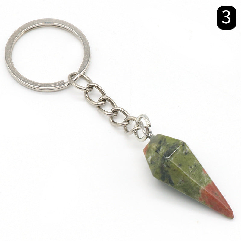 Natural Crystal Agate Stone Hexagonal Cone Keychain Bag Decorative Pendant