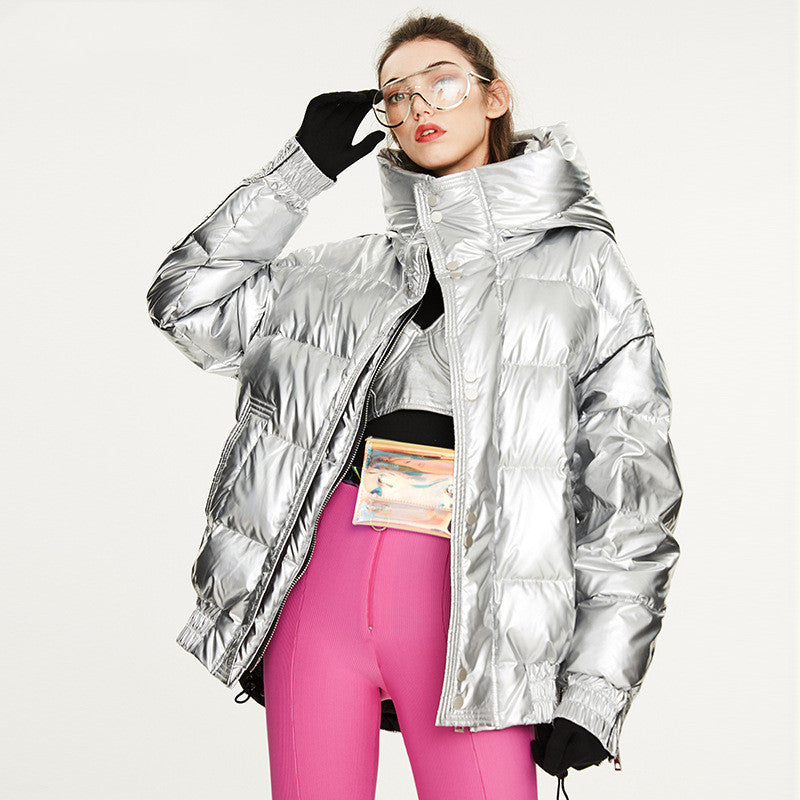 Couples Laser Glossy Thickened Loose Mid Length Down Jacket - Fashionner