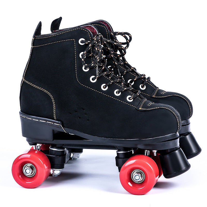 Black Lether Roller Skates Shoes 4-Wheel Double Row