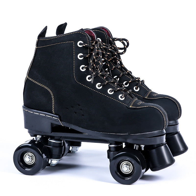 Black Lether Roller Skates Shoes 4-Wheel Double Row