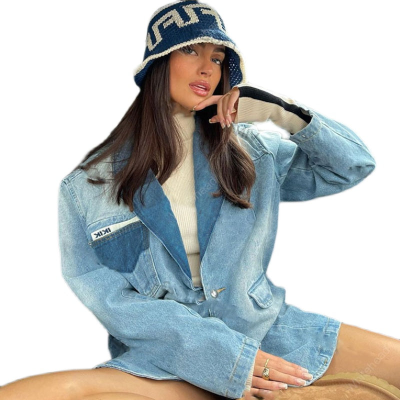 American Retro Blue Super Fire Suit Style Denim Jacket - Fashionner