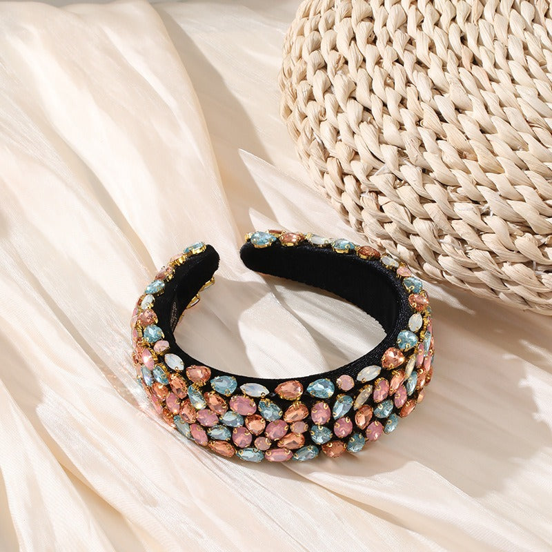 Baroque rhinestone geometric wide edge full diamond colored thickened sponge hair hoop for women