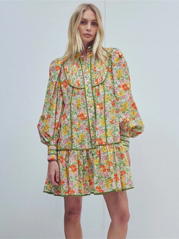 Retro floral shirt dress niche stand collar puff sleeve short skirt holiday style dress for women