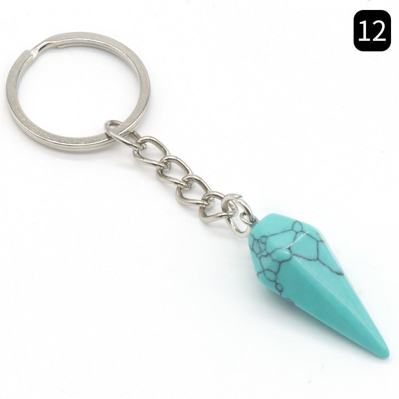 Natural Crystal Agate Stone Hexagonal Cone Keychain Bag Decorative Pendant