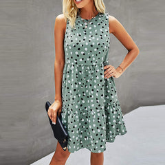 Women Summer Dot Print Sleeveless Loose Swing T-Shirt Dress With Pocket Casual Tank Mini Dresses Sundress