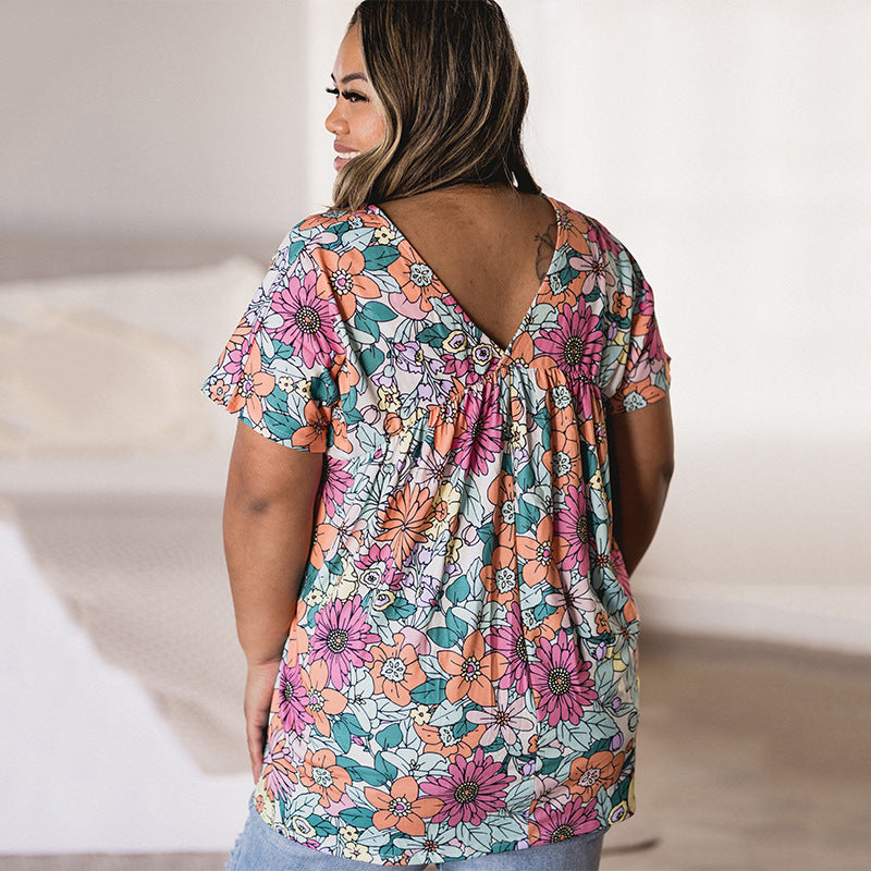 Summer Floral Print Loose Pleating V-neck Top