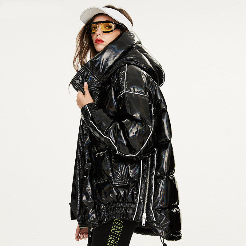 Couples Laser Glossy Thickened Loose Mid Length Down Jacket - Fashionner