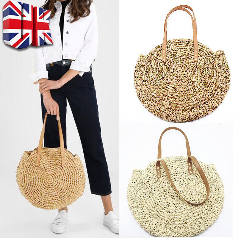 Women Boho Woven Handbag Summer Beach Tote Straw Bag Round Rattan Shoulder