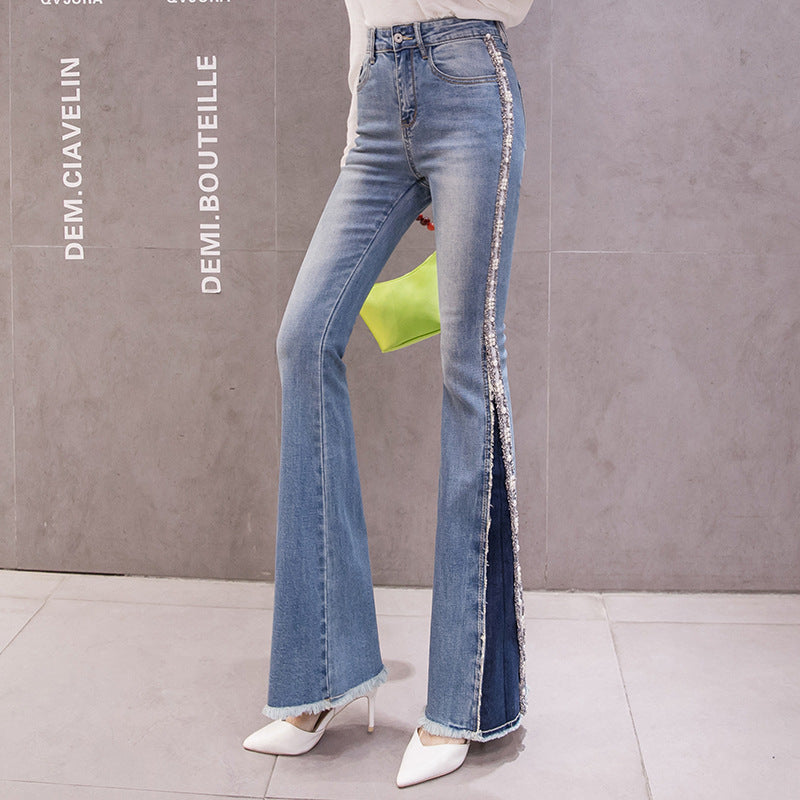 Embroidery Beaded Fashion Flared Pants High Waist Slimming Jeans Women - Fashionner