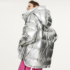 Couples Laser Glossy Thickened Loose Mid Length Down Jacket - Fashionner