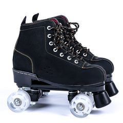 Black Lether Roller Skates Shoes 4-Wheel Double Row