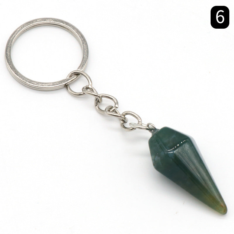 Natural Crystal Agate Stone Hexagonal Cone Keychain Bag Decorative Pendant