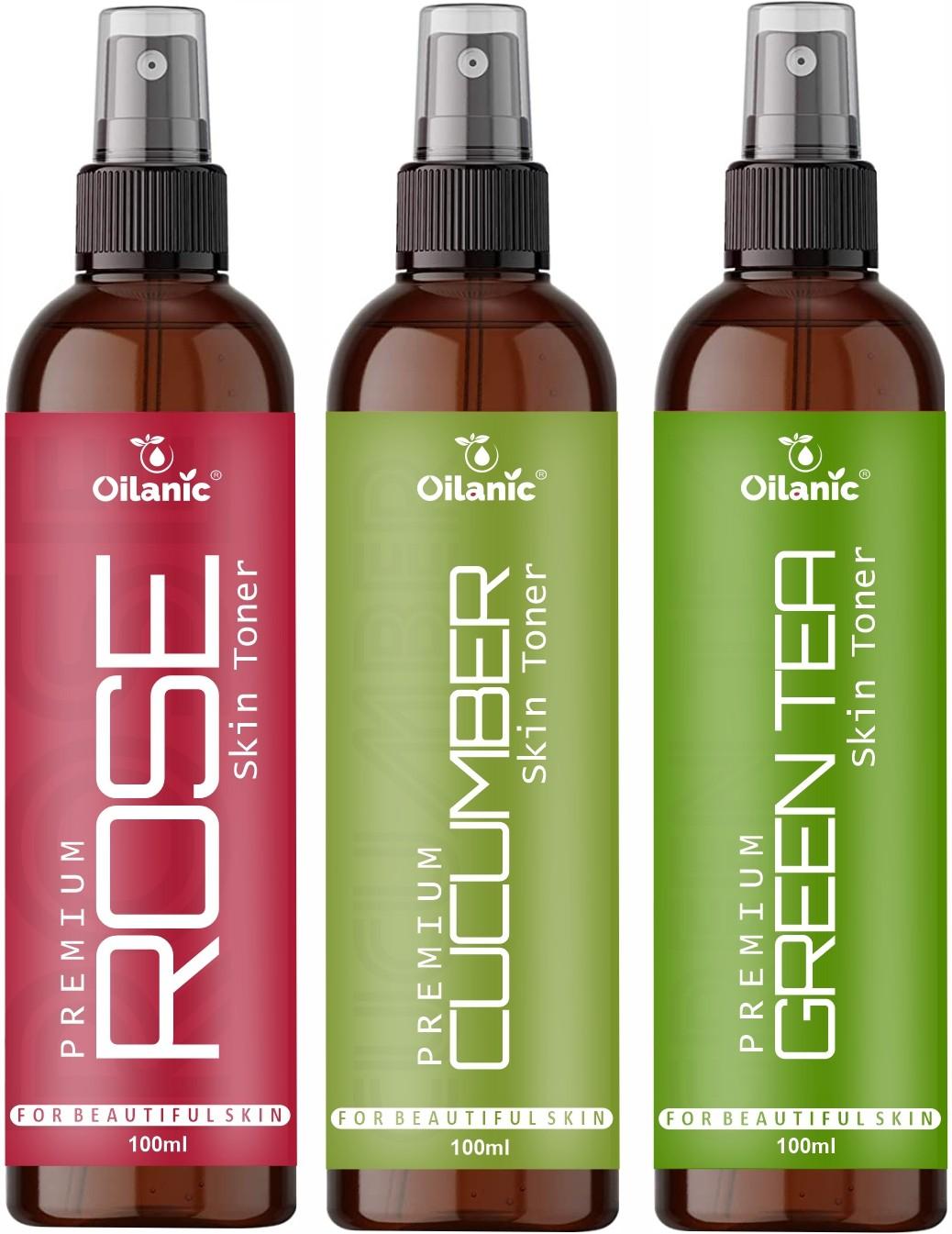 Oilanic Premium Rose, Cucumber & Green Tea Face Toner For Men & Women Combo Pack of 3 Bottles of 100 ml (300 ml )