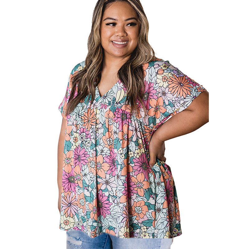 Summer Floral Print Loose Pleating V-neck Top