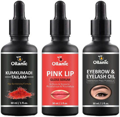 Oilanic Premium Kumkumadi Oil, Pink lip Serum & Eyebrow & Eyelash Oil Combo pack of 3 bottles of 30 ml(90 ml)