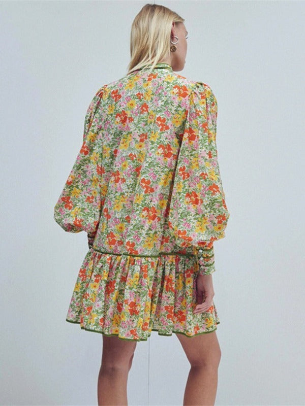 Retro floral shirt dress niche stand collar puff sleeve short skirt holiday style dress for women