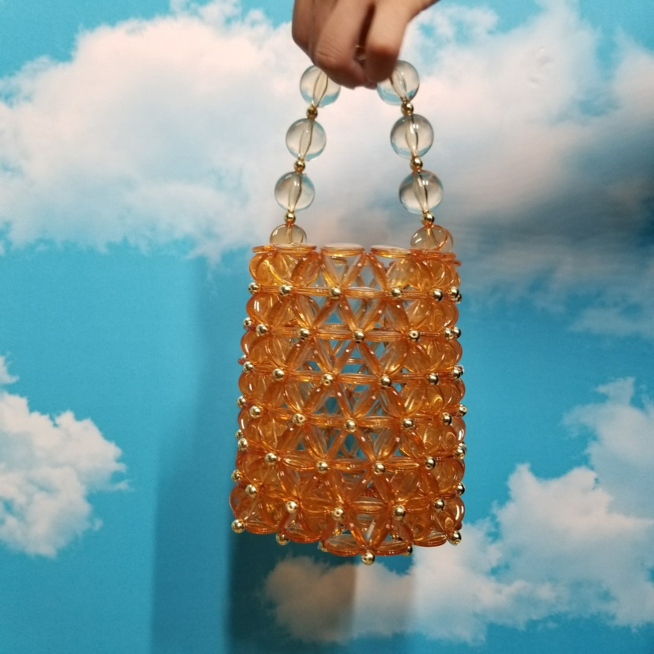 Transparent sheet hollow beaded bag female round bucket bag bucket bag geometric pattern handmade beaded bag