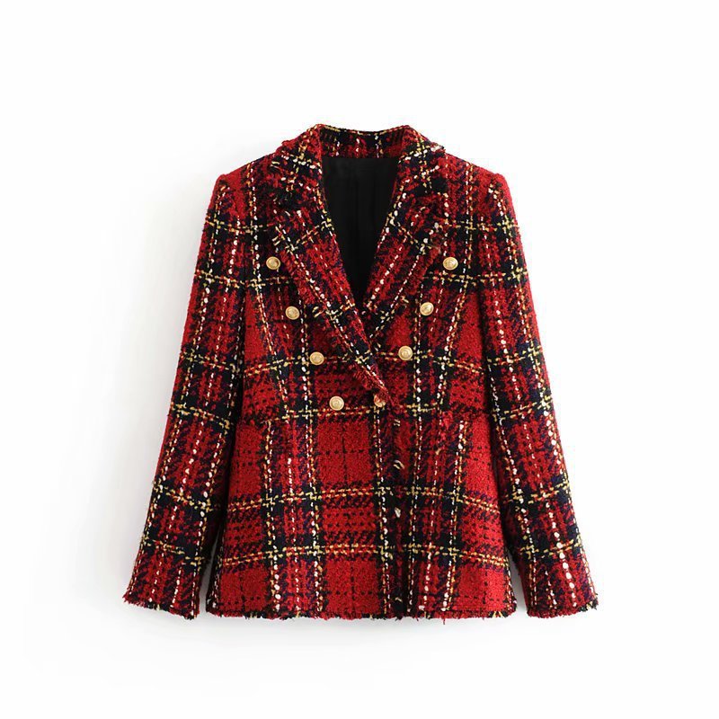 Plaid buttoned woolen blazer for women