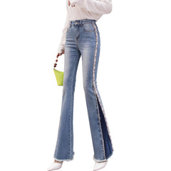 Embroidery Beaded Fashion Flared Pants High Waist Slimming Jeans Women - Fashionner